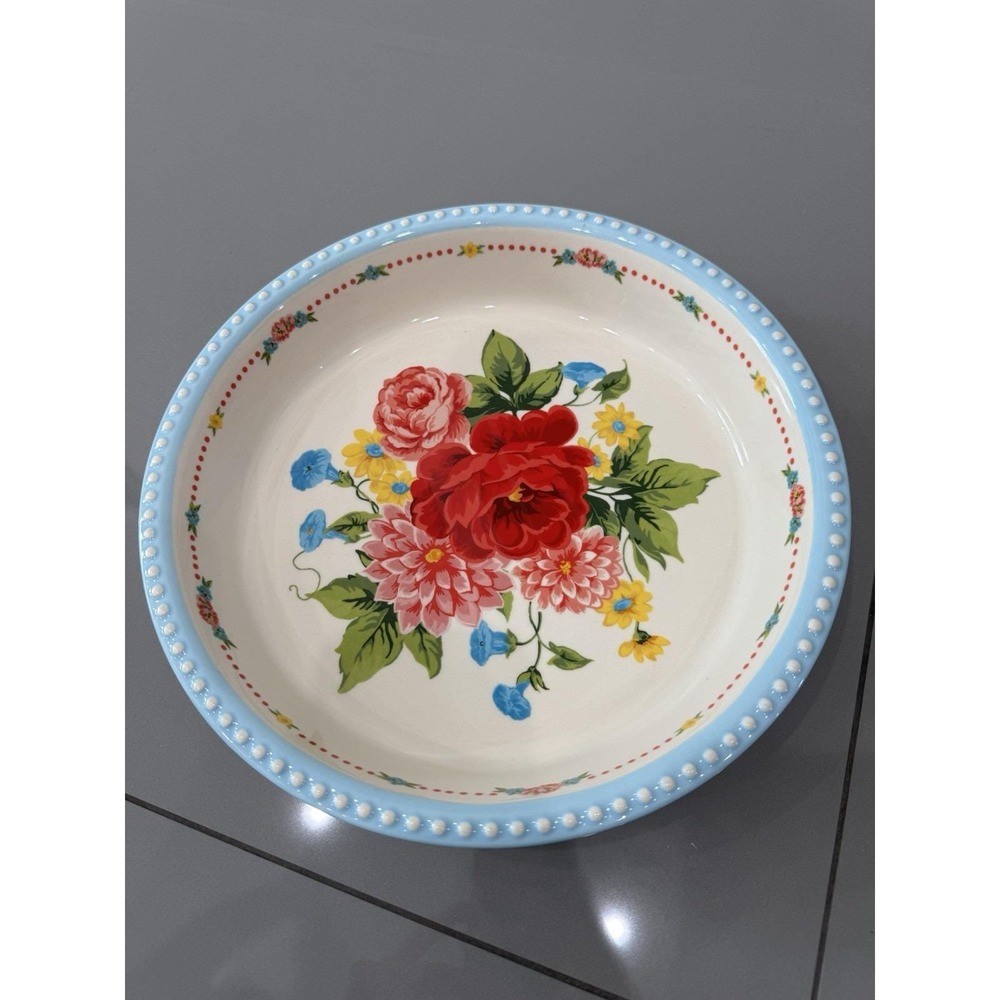 Pioneer Woman ~ Sweet Rose Pattern ~ 9.5" Stoneware ~ Pie Plate ~ Dotted Edge